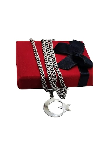 AYYILDIZ FİGÜRLÜ UZUN ÇELİK KOLYE Gümüş