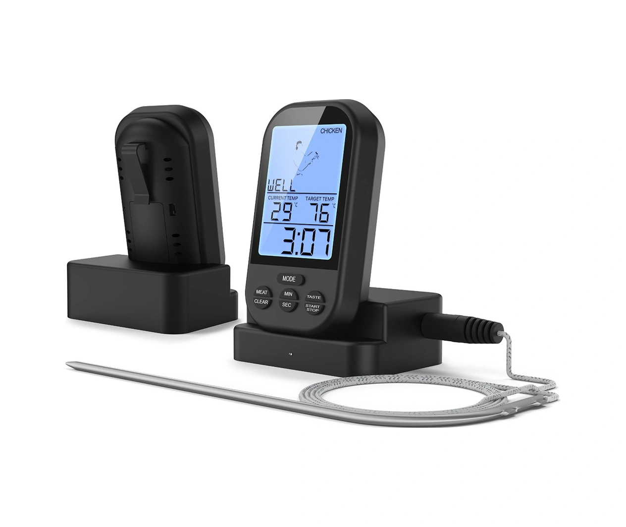 Lemestar Küçük Siyah Kablosuz Mutfak Isı Ölçer, 0-250 C Aralığı, 20-30m Alınım Mesafesi, Pil İçermez Çok Renkli