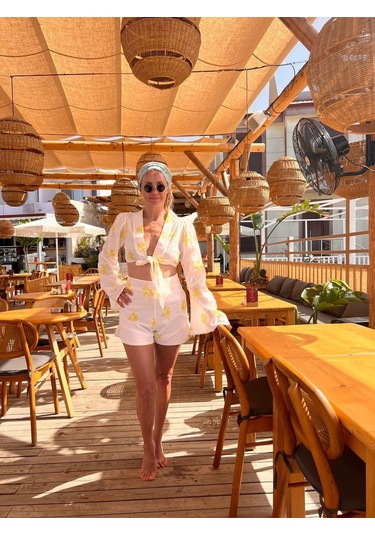 Kadın Çiçek Desenli Keten Şort-bluz Takım - Özel Tasarım Beyaz