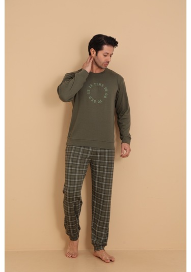 Falkom 7003 İnterlok Kışlık Ekose Pijamalı Erkek Pijama Takımı Haki