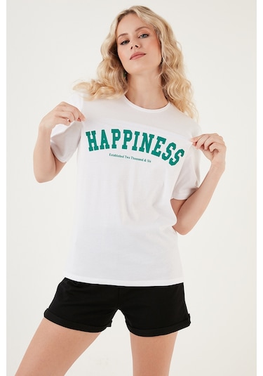 Lela Baskılı Pamuklu Oversize Bisiklet Yaka Bayan T Shirt 541Happiness Beyaz