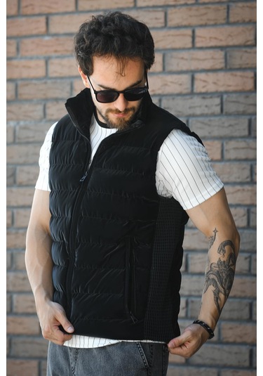 Lordy Örgü Detaylı Cepli Dik Yaka Nova Parlak Kumaş Erkek Şişme Yelek Siyah