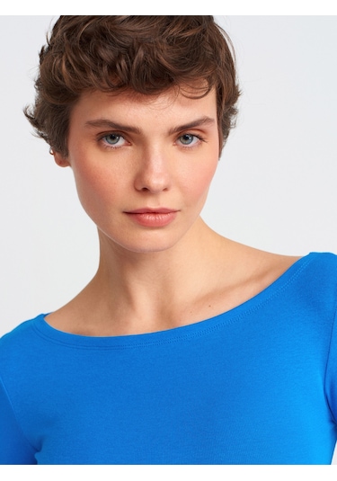 Dilvin 31332 Kayık Yaka Uzun Kollu Top-saks Saks