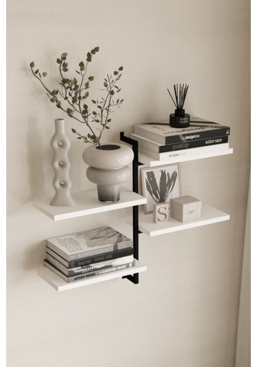 Aju 4 Katlı Duvar Rafı Metal Çerçeveli Dekoratif Kitaplık Ve Raf Ünitesi Modern Ve Minimalist Tasarıım Siyah