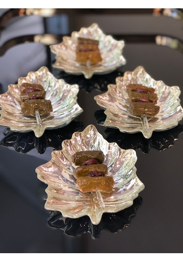 1 Adet Gümüş Kaplama Yaprak Cam Sosluk Sunumluk Çerezlik Tekli 14.5 Cm