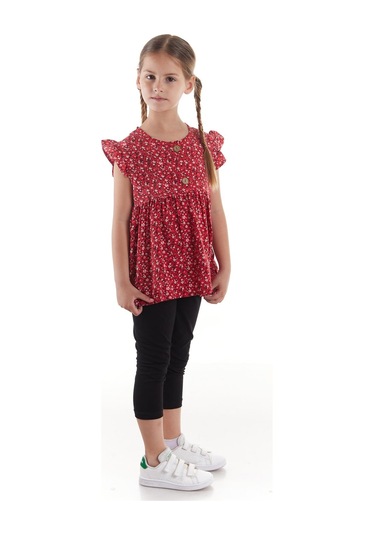 Ahengim Kız Çocuk Takım Vizkon Baskılı Taytlı Alt Üst Takım Pamuklu Ak2522 Kırmızı