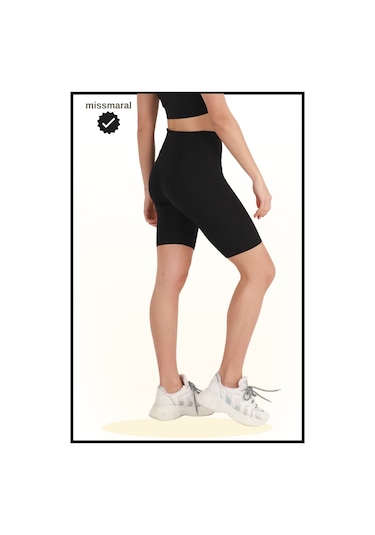Kadın Siyah Yüksek Bel Toparlayıcı Tayt Kısa Spor Şort Deniz Havuz Spor Biker Shorts 1070 SiYAH