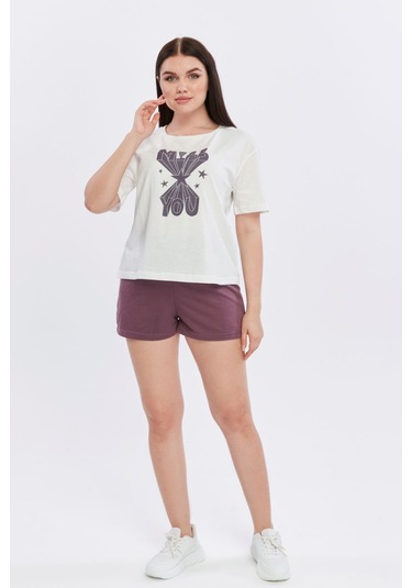 Bella Dossi Pamuklu Kısa Kollu Baskılı Kadın Şortlu Yazlık Pijama Takımı Mürdüm Beyaz Beyaz - Mürdüm