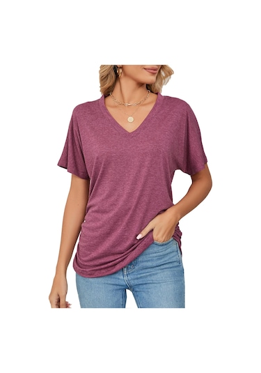 Bordo Hnxc Kadın Moda Günlük Yaz Düz Renk Baskı Kısa Kollu V Yaka Bluzlar Ve Gömlekler Bordo