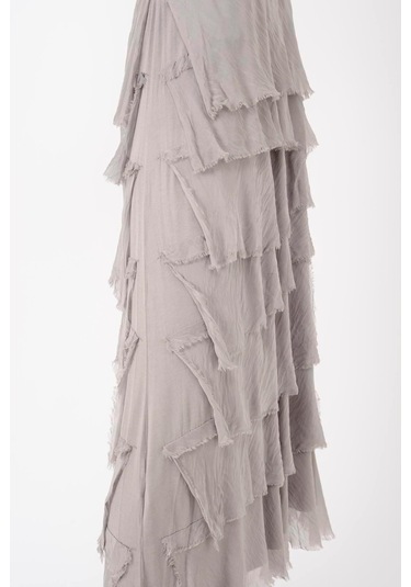 İtalyan 2 Beden Ince Gösteren Kat Kat Ipek Etek & Straplez Elbise Vizon