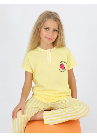 Kız Çocuk Kısa Kollu %100 Pamuklu Strawberry Pijama Takımı Sarı Sarı