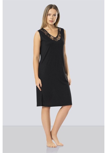 Türen Kadın Siyah Dantelli V Yaka Gecelik 3285 Siyah