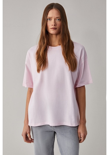 LAGERTHA Kadın %100 organik Pamuklu Kalın Dokulu Oversize Fit Yuvarlak Yakalı Açık Pembe T-Shirt
