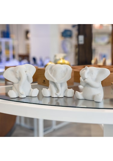 3 Lü Görmedim-duymadım-bilmiyorum Mermerit Fil Biblo - Beyaz-11958