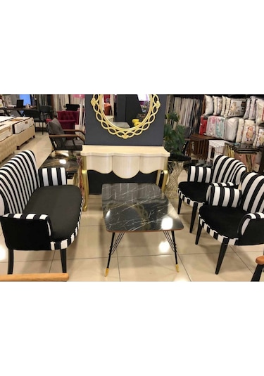 Kayser Home Çay Seti Koltuk Takımı - Oturma Grubu - Balkon - Ofis - Bahçe Mobilyası - Nubuk Kumaş Zebra Desen