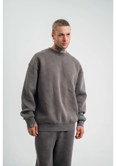 Unisex Uzun Kol Bisiklet Yaka Yıkamalı Sweatshirt - Füme Füme