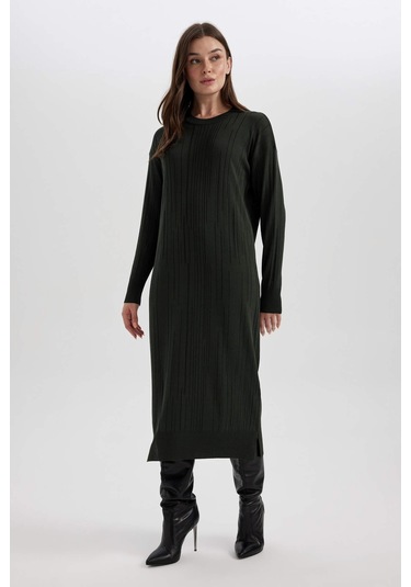 Defacto Regular Fit Bisiklet Yaka Basic Düz Uzun Kollu Krep Midi Triko Elbise A9806AX23WNKH414 Haki