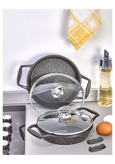 Esivitalia Döküm Granit Cam Kapaklı Sahan Seti 18 Cm Ve 20 Cm