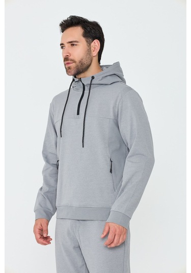 White Stone Gri Kapüşonlu Yarım Fermuarlı Yandan Cepli Erkek Sweatshirt Grey