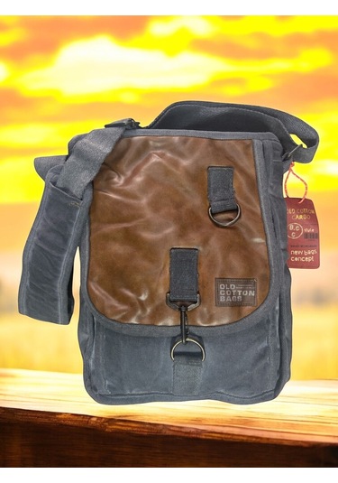 Vintage Salaş Kaliteli Unisex Taşlanmış Kumaş Okul Gezi Postacı Çantası 27x33cm Gri - Taba