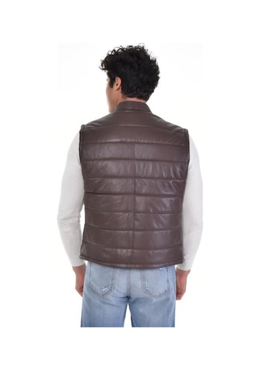 Hakiki Deri Kahverengi Üç Cepli Erkek Deri Yelek Koyu Kahverengi