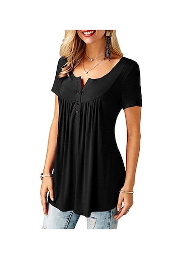 Siyah Bayan O Boyun Düğmesi Gevşek Elastik Bayanlar Kısa Kollu Tunik Gömlek Kadın Rahat Bluzlar Tops Siyah