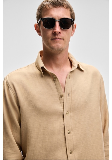 Raımo Erkek %100 Pamuklu Müslin Kumaş Manşetli Uzun Kol Comfort Fit Bej Gömlek