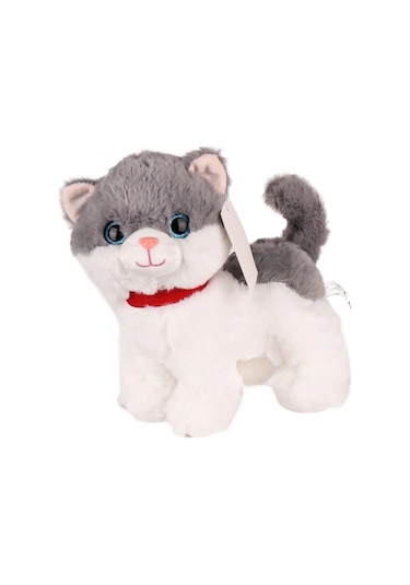 Sesli Miyavlayan Peluş Kedi 20 Cm Yumuşak Sevimli Ayakta İnteraktif Oyuncak Gri