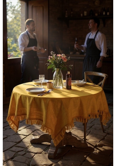 Hardal Renk El Yapımı Buldan Yıkanmıs Keten 4 Tarafı Fırfırlı Sandalye Minderi Hardal