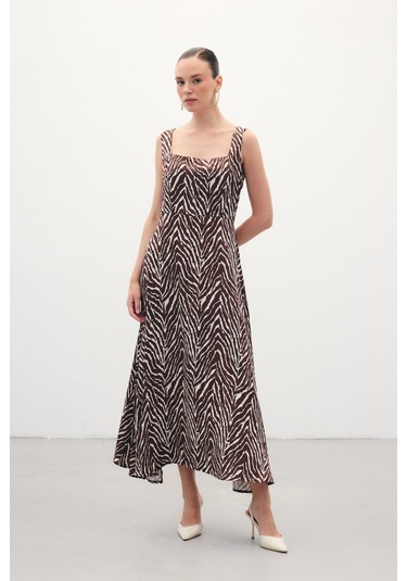 Sateen Kare Yaka Zebra Desenli Elbise - Kahve-136359 Kahve