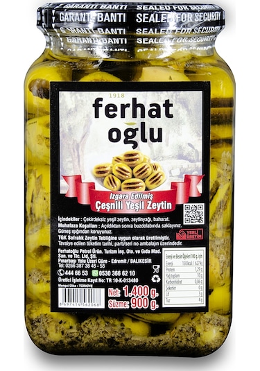 Ferhatoğlu Izgara Edilmiş Çeşnili Yeşil Zeytin 900 G