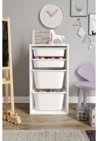 %100 Mdf - Small Mono 4 Sepetli Oyuncak Dolabı Beyaz