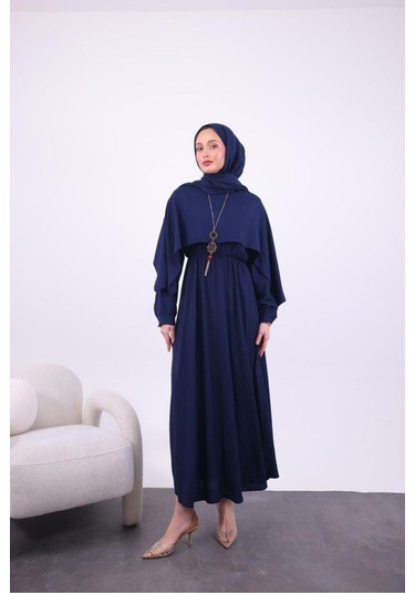 Pelerinli Asimetrik Kolyeli Elbise Lacivert
