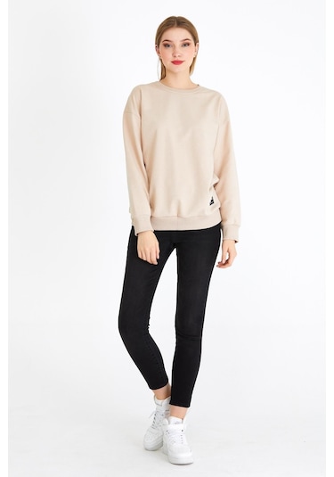 Comeor Kadın Bej Basic Bisiklet Yaka Regular Fit Rahat Sweatshirt 001