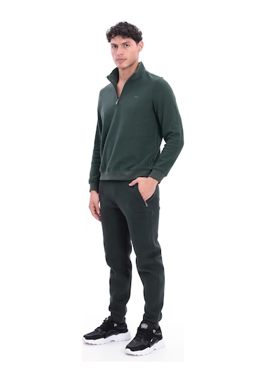 Rowinger Yarım Fermuarlı Dik Yaka Selanik Örme Erkek Sweatshirt Darkgreen