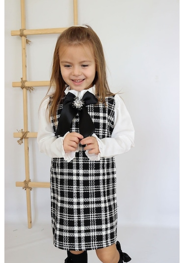 Kız Çocuk Siyah Vanessa Broş Detaylı Tüvit Uzun Kollu Yılbaşı Elbisesi
