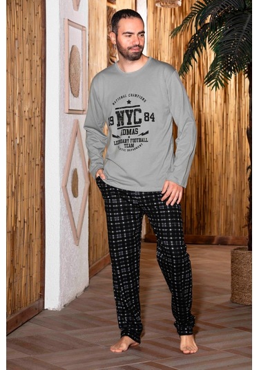 Erkek Penye Pamuk Regular Kalıp Sıfır Yaka Pijama Takımı A803123 - Gri