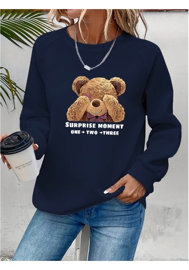 The İstanbul Kadın Uzun Kollu Bisiklet Yaka Ayıcık Desenli Viskon Iki Iplik Bluz Lacivert