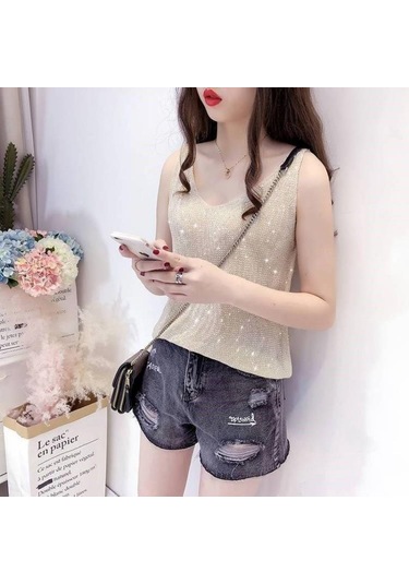 Kahve Kadın Buz Ipek Elmas Kaşkorse Kadın Gevşek Kısa Kolsuz Vahşi V Yaka Dibe Gömlek Tankı Yaz Camiş Ve Tank Üstleri