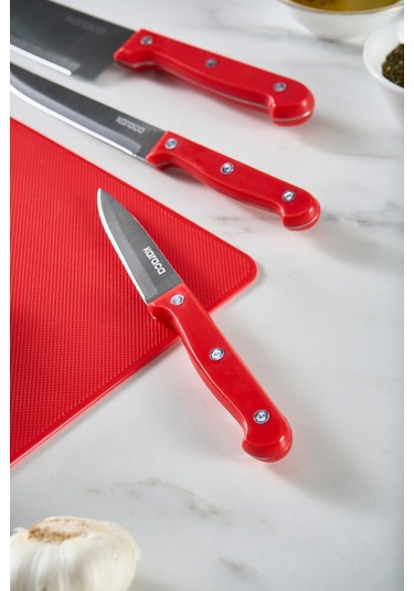 Karaca Sharp 6 Parça Kesme Tahtalı, Makaslı Bıçak Seti Kırmızı Kırmızı