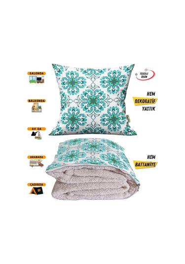 Aqua Vintage Modern Desen Tv Battaniyeli Opsiyonel Dekoratif Yastık Kırlent 2 İn 1 Battaniye Çok Renkli