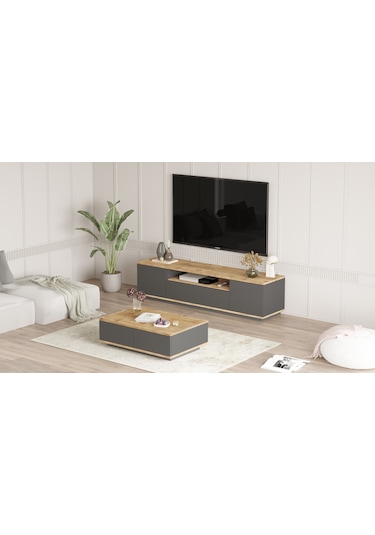Robin Home Loft Tv Ünitesi Orta Sehpa 2'li Set Çam-antrasit
