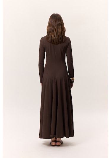 Kuplu Uzun Kollu Elbise Kahverengi Kahverengi