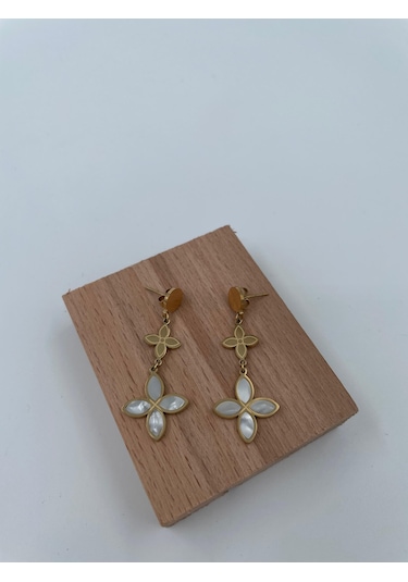 Xbaby Beyaz Dolgulu İkili Yonca Gold Küpe
