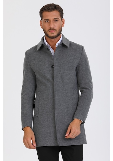 Erkek Gri Dar Kesim Yün Karışımlı Kaşe Gömlek Yaka Palto-Gri