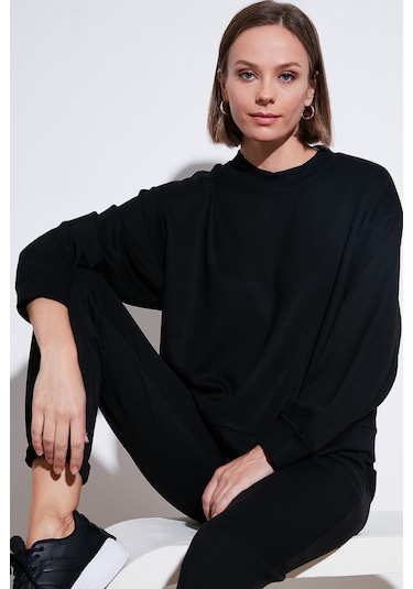 Lela Streç Bisiklet Yaka Oversize Fit Scuba Bayan Sweat 5865879 Siyah