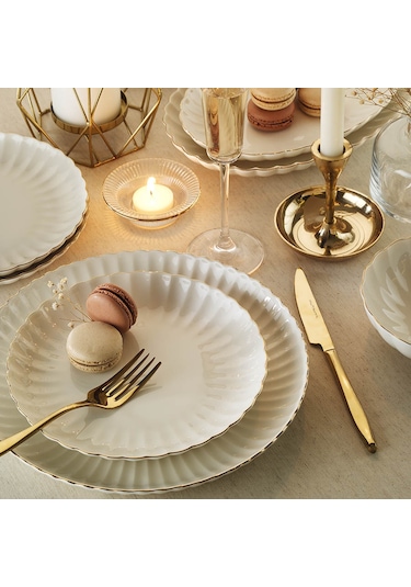 Kütahya Porselen Bone Luz Form 52 Parça Yemek Takımı Altın File