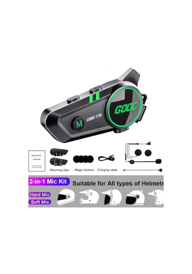 C50 2x Motosiklet Intercom Kask Kulaklık 1000 Mah Rgb Işıklı Çift Eşleşme