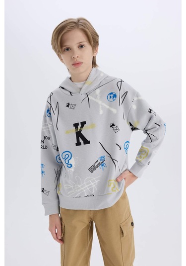 DeFacto Erkek Çocuk Oversize Geniş Kalıp Kapüşonlu Desenli Kalın Sweatshirt D7118A824WNBE417