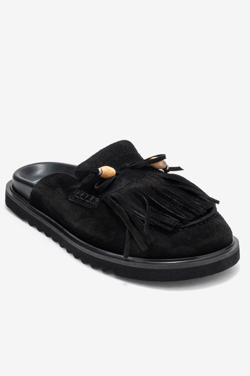 Carol Siyah Süet Püsküllü Hakiki Deri Kadın Burnu Kapalı Terlik Siyah